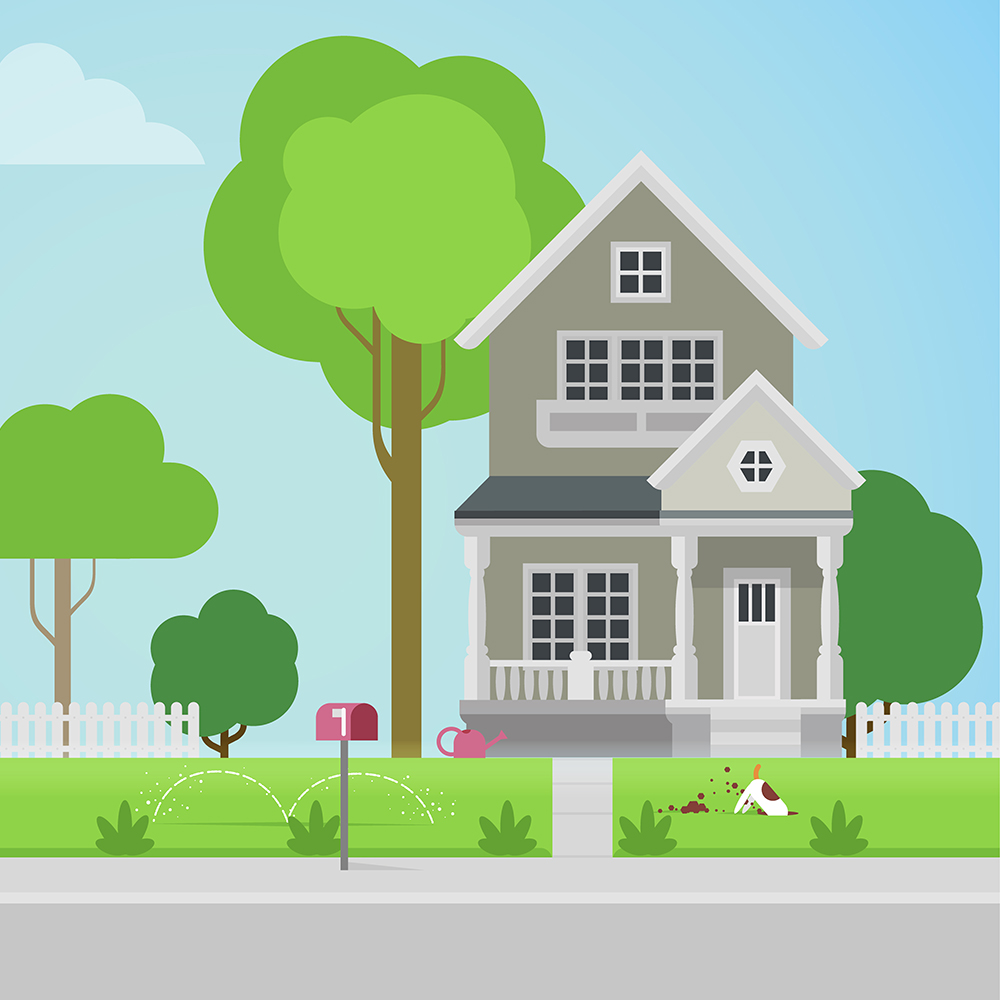 Graphic of suburban home with dog digging up grass out front